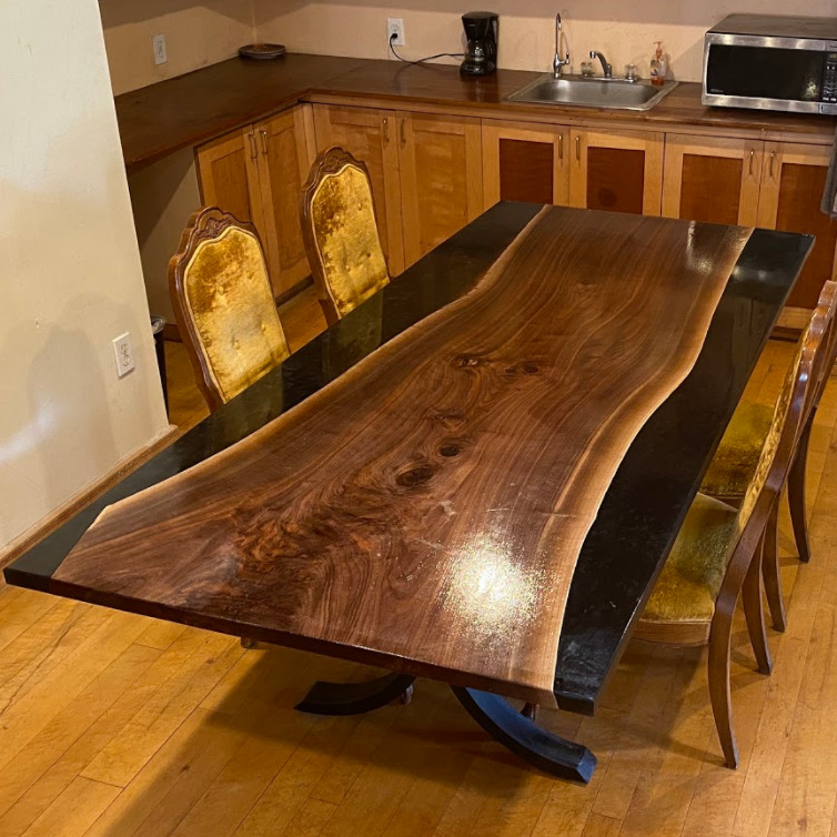 reverse river table with walnut slab