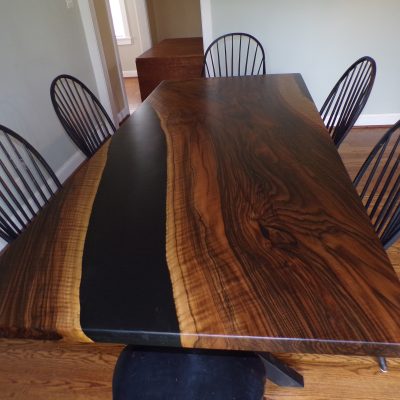 8' x 42" Curly English Walnut and Black Epoxy Table with metal X Legs