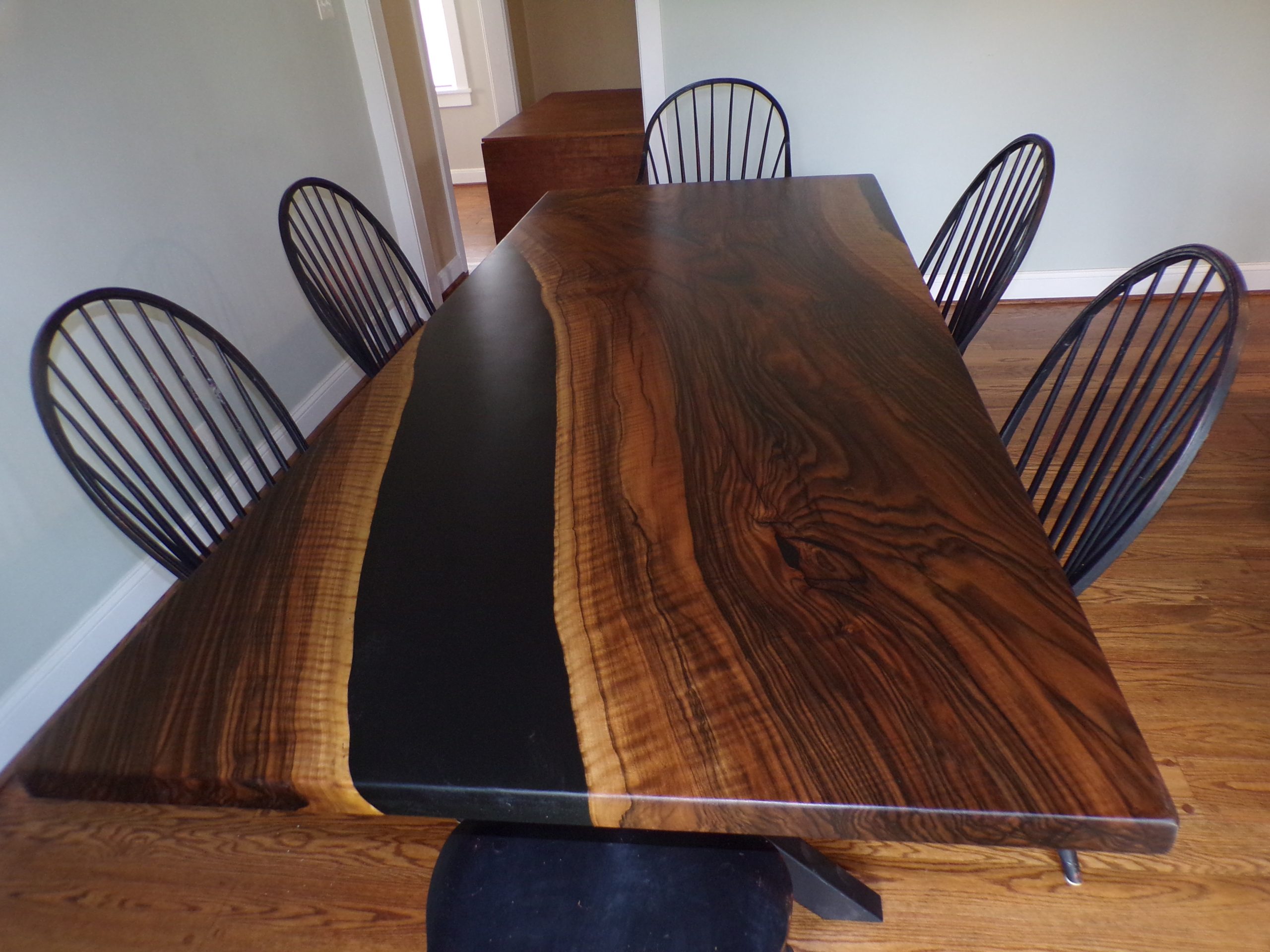 8' x 42" Curly English Walnut and Black Epoxy Table with metal X Legs