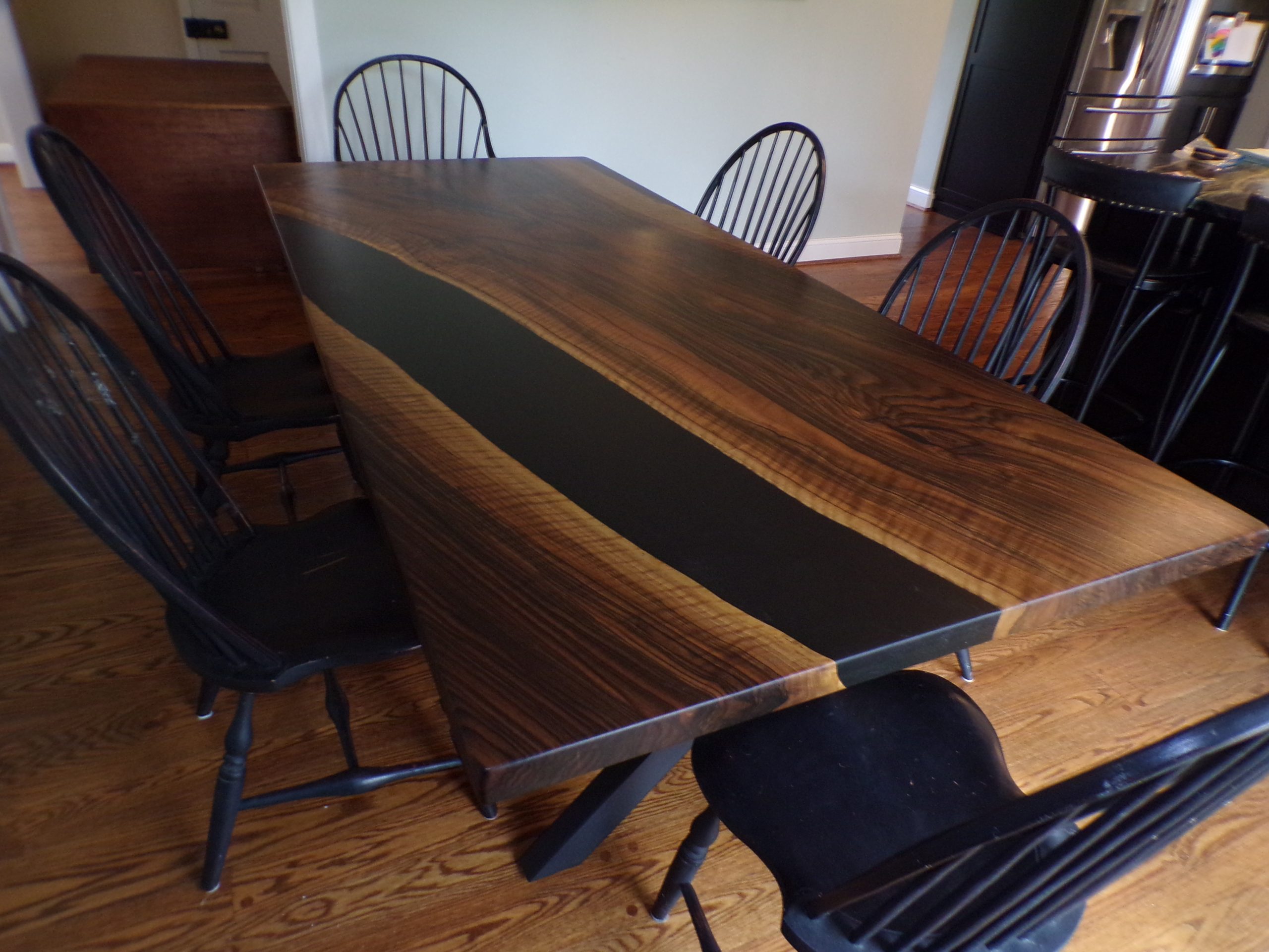 8' x 42" Curly English Walnut and Black Epoxy Table with metal X Legs - Image 6
