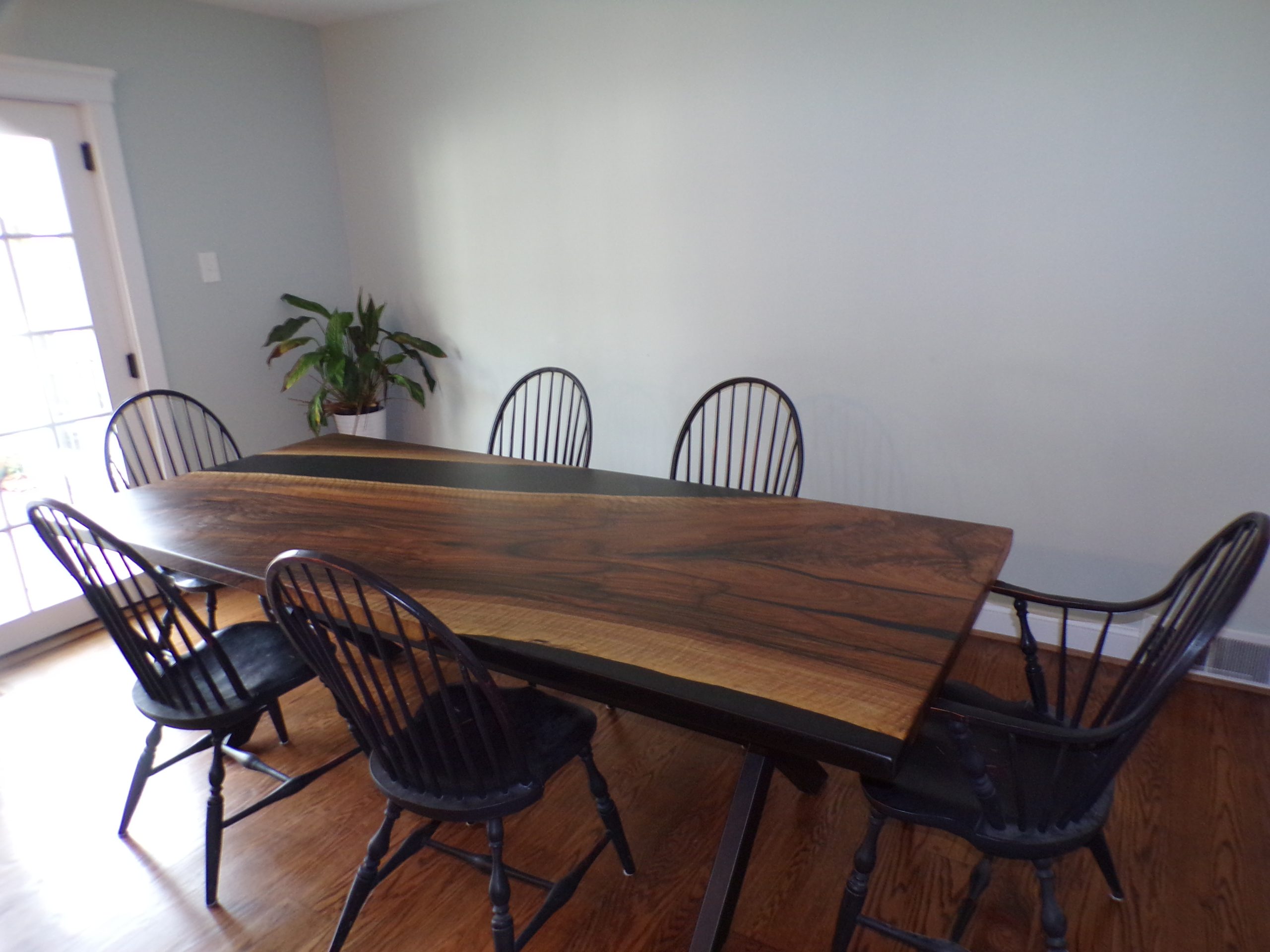 8' x 42" Curly English Walnut and Black Epoxy Table with metal X Legs - Image 5