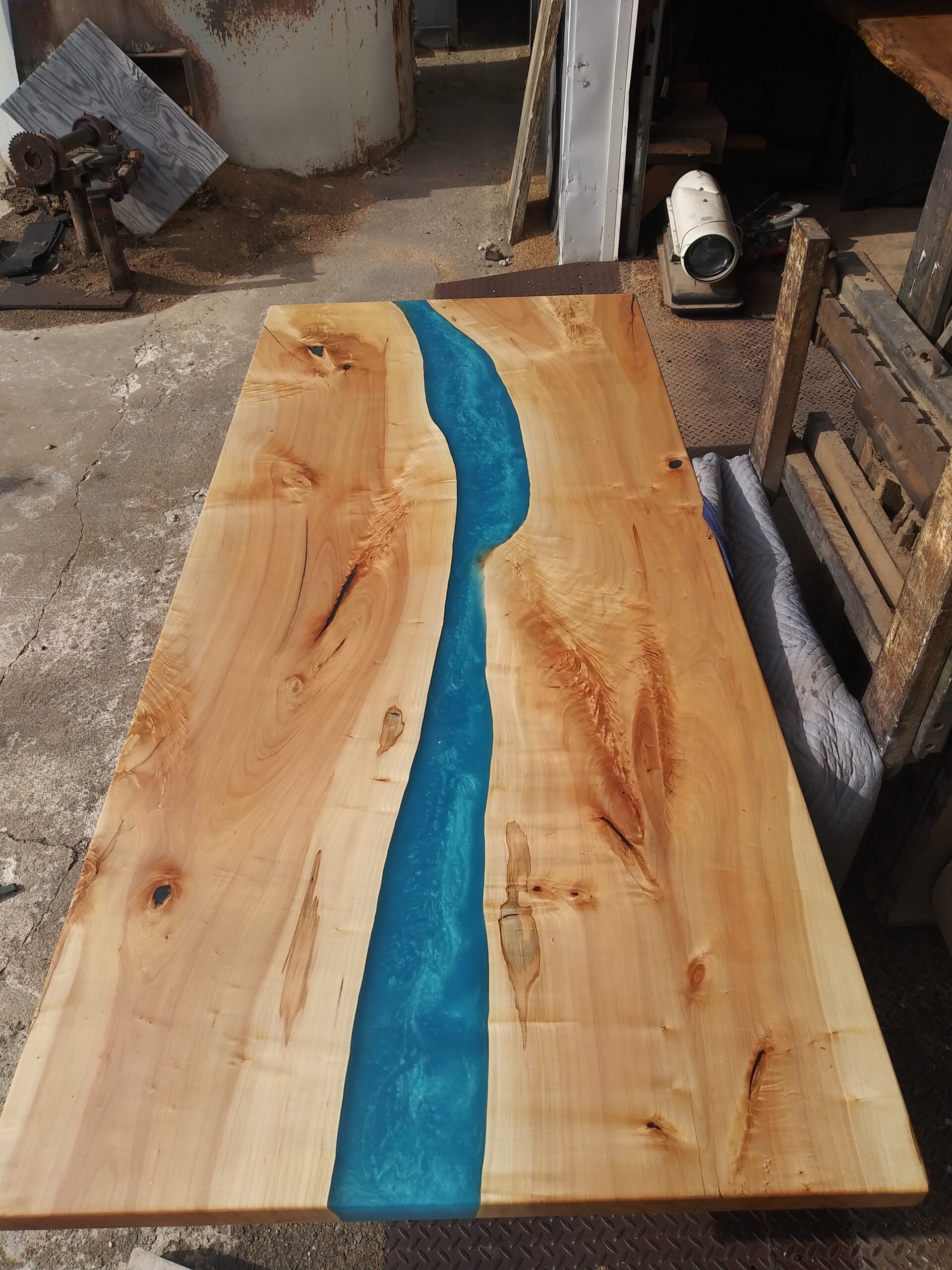 7' 6 x 40 Maple Tabletop with Turquoise Blue Epoxy River
