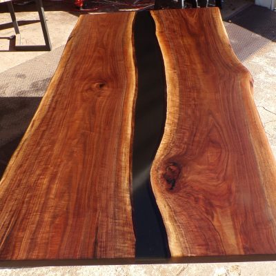 91" x 45"-47"Live Edge, Figured Black Walnut with Black Epoxy Table.