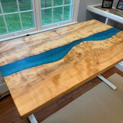 36" x 64" maple with turquoise blue epoxy river desktop.
